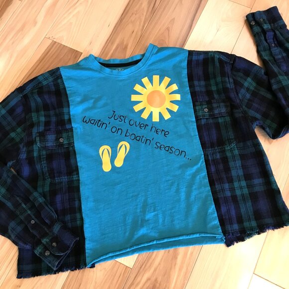 Flannel Tee Upcycle, Size M-L: Oversized Teal Boating Season Graphic Shirt - Picture 8 of 12